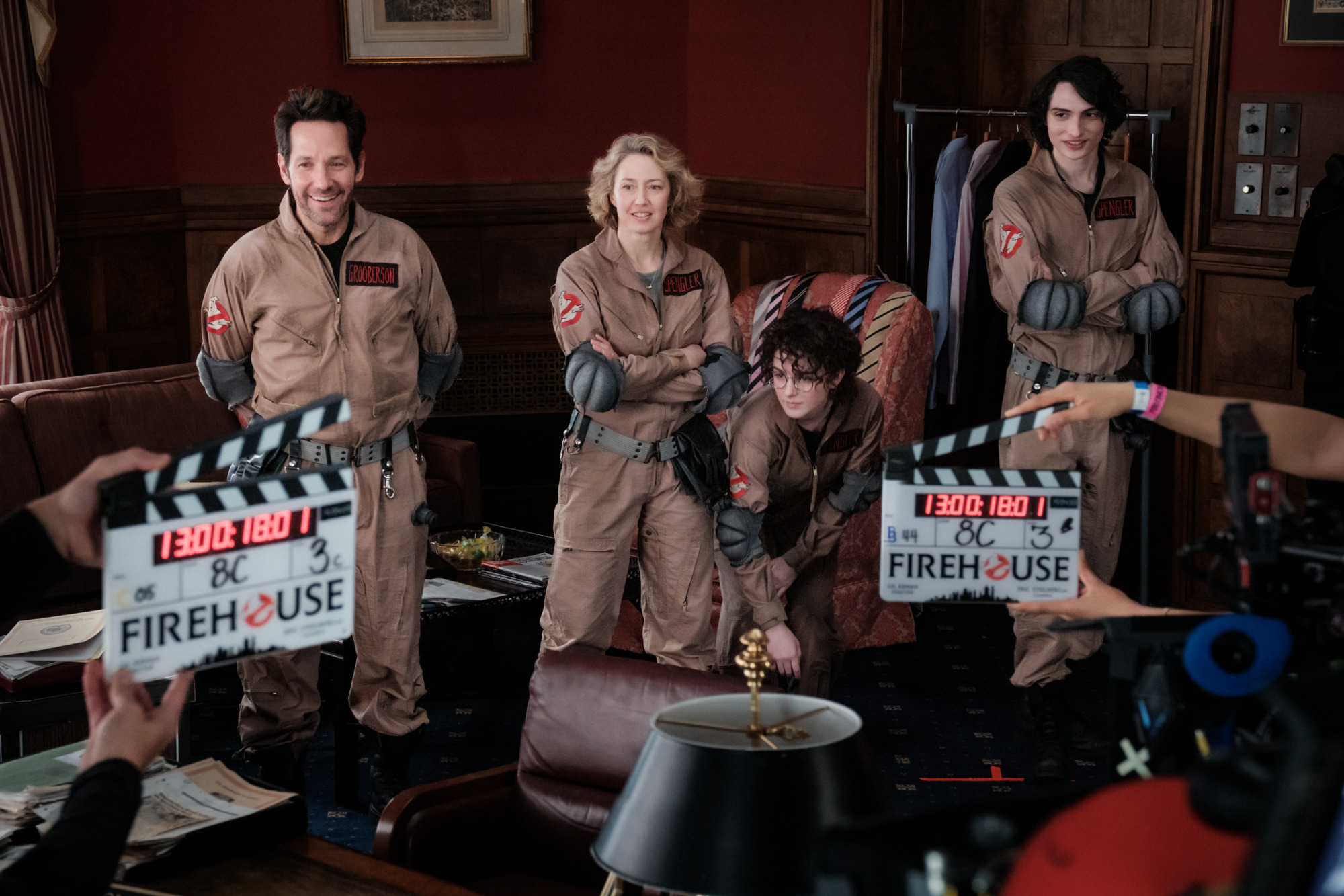 Paul Rudd, Carrie Coon, Mckenna Grace and Finn Wolfhard on the set of Columbia Pictures GHOSTBUSTERS: FROZEN EMPIRE.