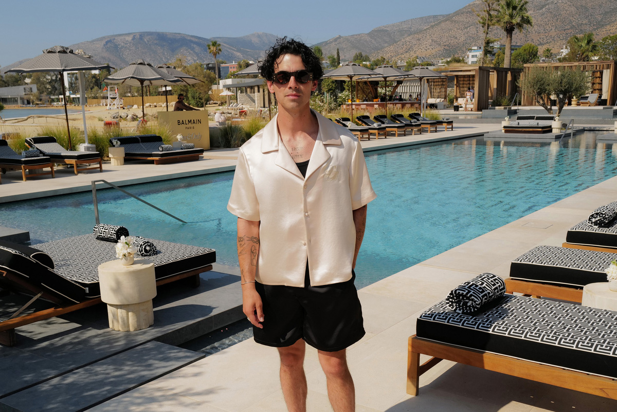 Joe Jonas attends the Balmain Brunch & Pool Party hosted by Olivier Rousteing, Creative Director of Balmain, to unveil the special summer collaboration during the One&Only Aesthesis Grand Opening Party on June 8, 2024 in Athens, Greece.