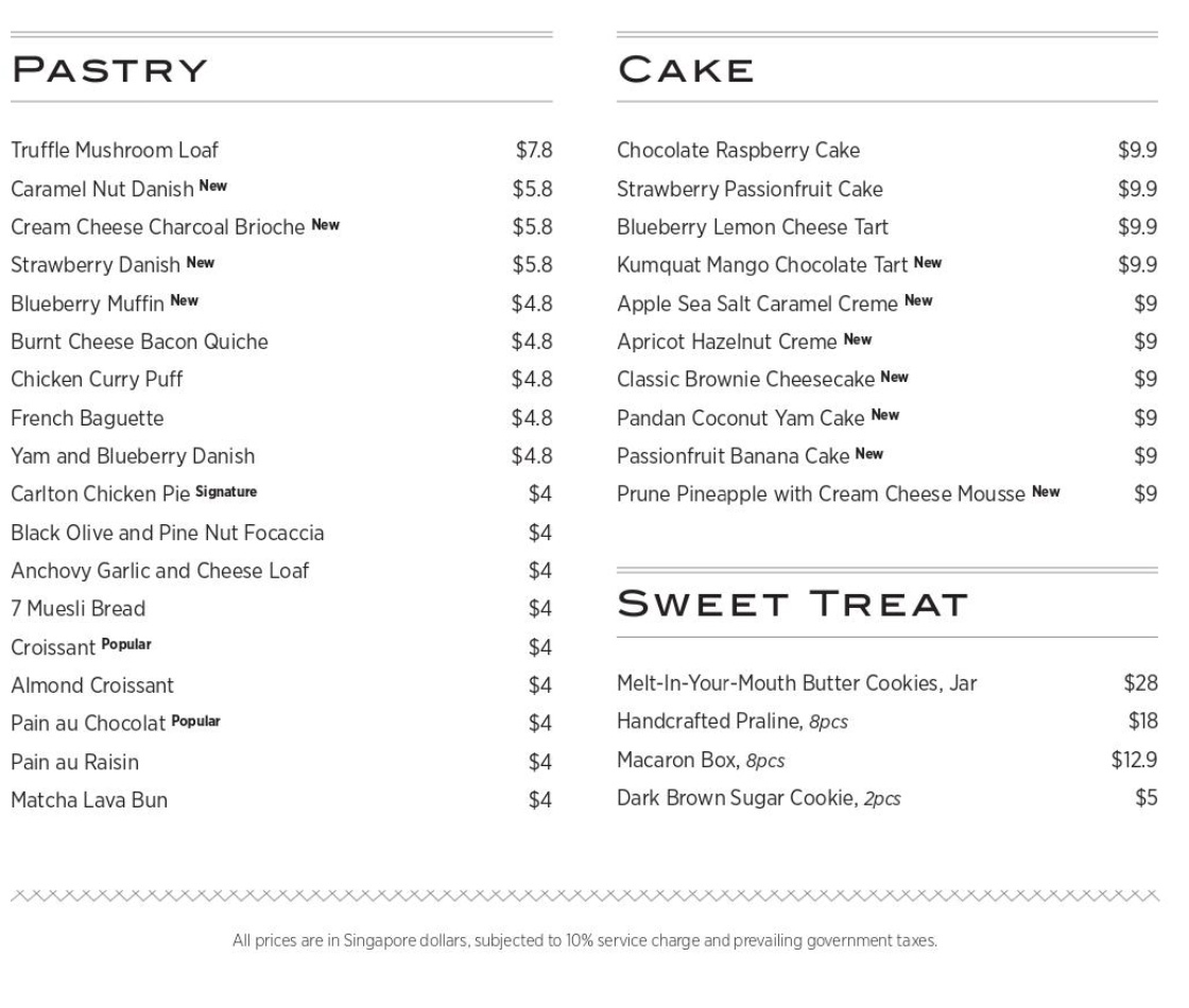 Tuxedo Café & Patisserie at Carlton Hotel Singapore Menu