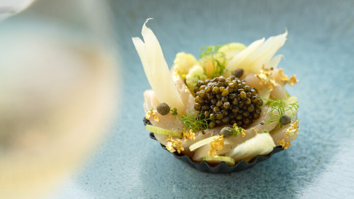 Sumptuous six-course experience menu at Felix – Italina Oscietra (from Caviar Giaveri) Tart with Yellow Tail Crudo, Fennel and Prosecco Beurre Blanc