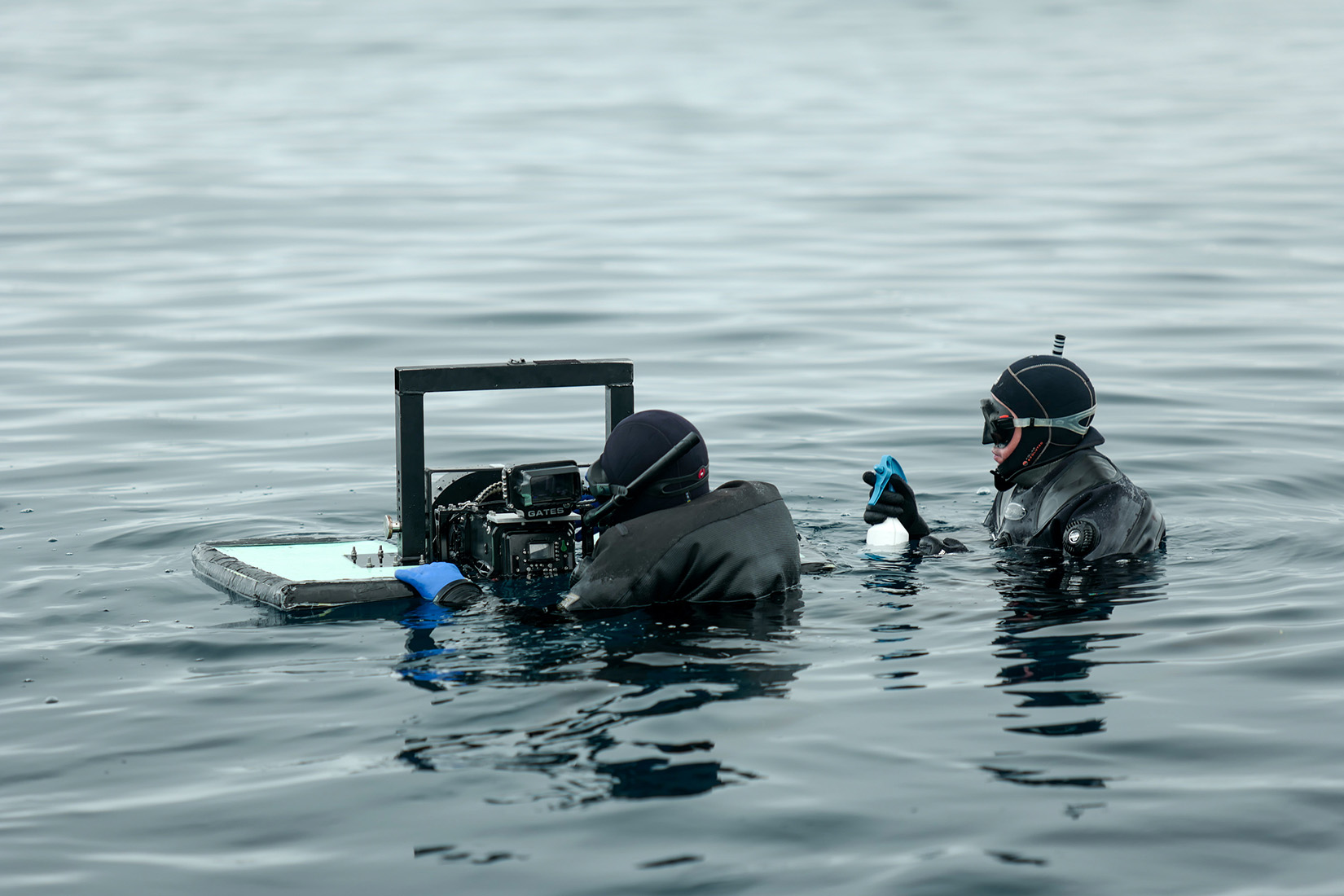 Crew David Reichert and John Chambers film in the water.