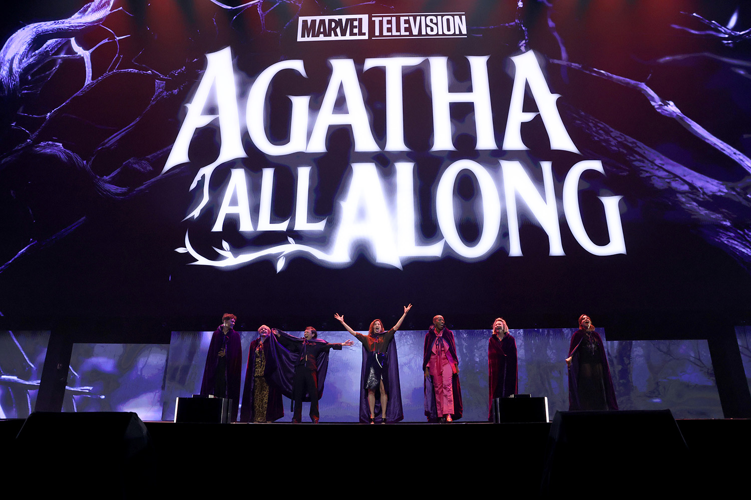 (L-R) Kevin Feige, President, Marvel Studios, Joe Locke, Patti LuPone, Ali Ahn, Kathryn Hahn, Sasheer Zamata, Debra Jo Rupp and Aubrey Plaza appear at the Disney Entertainment Showcase at D23: The Ultimate Disney Fan Event in Anaheim, California on August 09, 2024. 