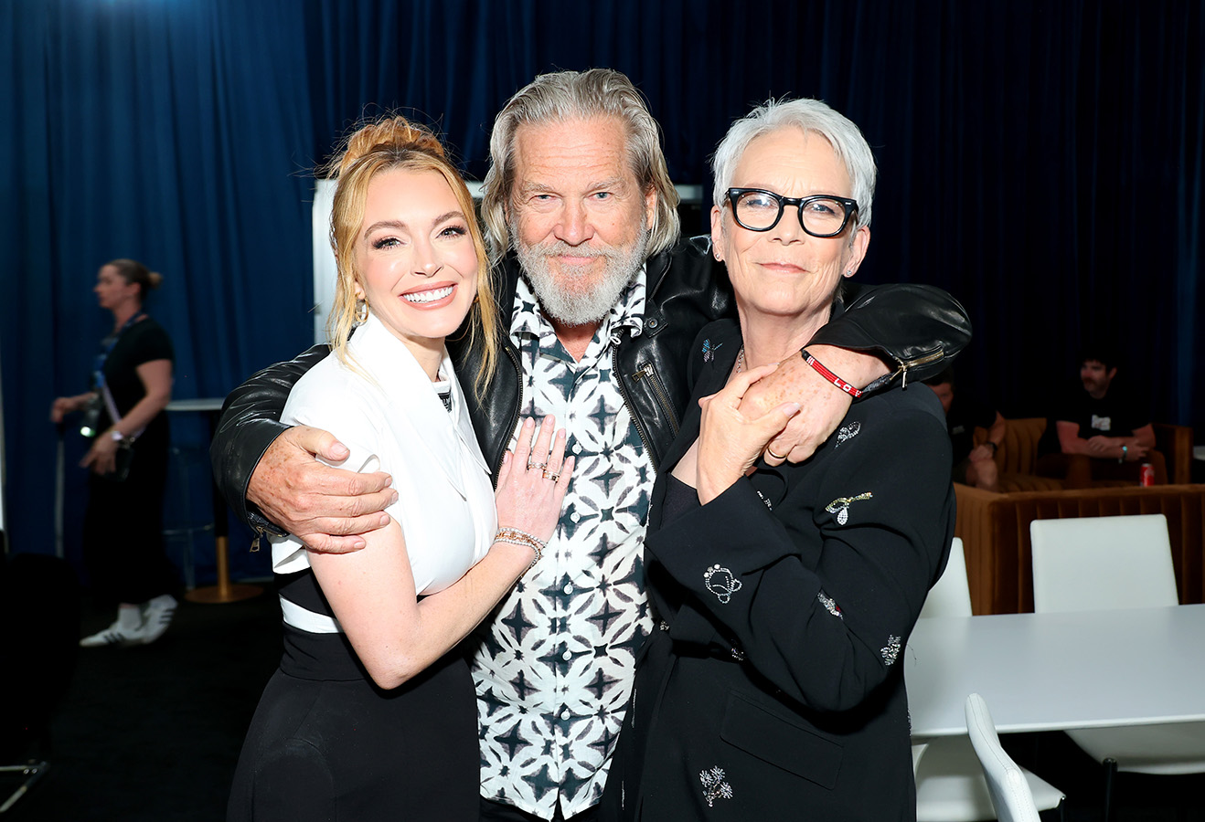 (L-R) Lindsay Lohan, Jeff Bridges and Jamie Lee Curtis at D23: The Ultimate Disney Fan Event in Anaheim, California on August 09, 2024. 