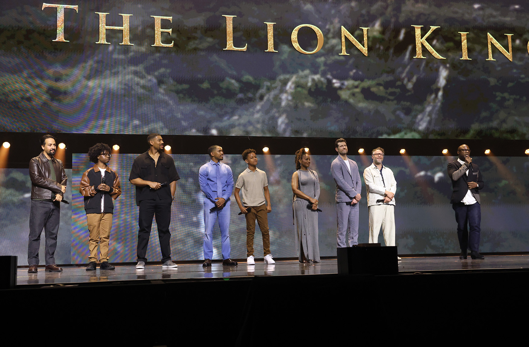 (L-R) Lin-Manuel Miranda, Braelyn Rankins, Aaron Pierre, Kelvin Harrison Jr., Theo Somolu, Anika Noni Rose, Billy Eichner, Seth Rogen and Barry Jenkins appear at the Disney Entertainment Showcase at D23: The Ultimate Disney Fan Event in Anaheim, California on August 09, 2024. 