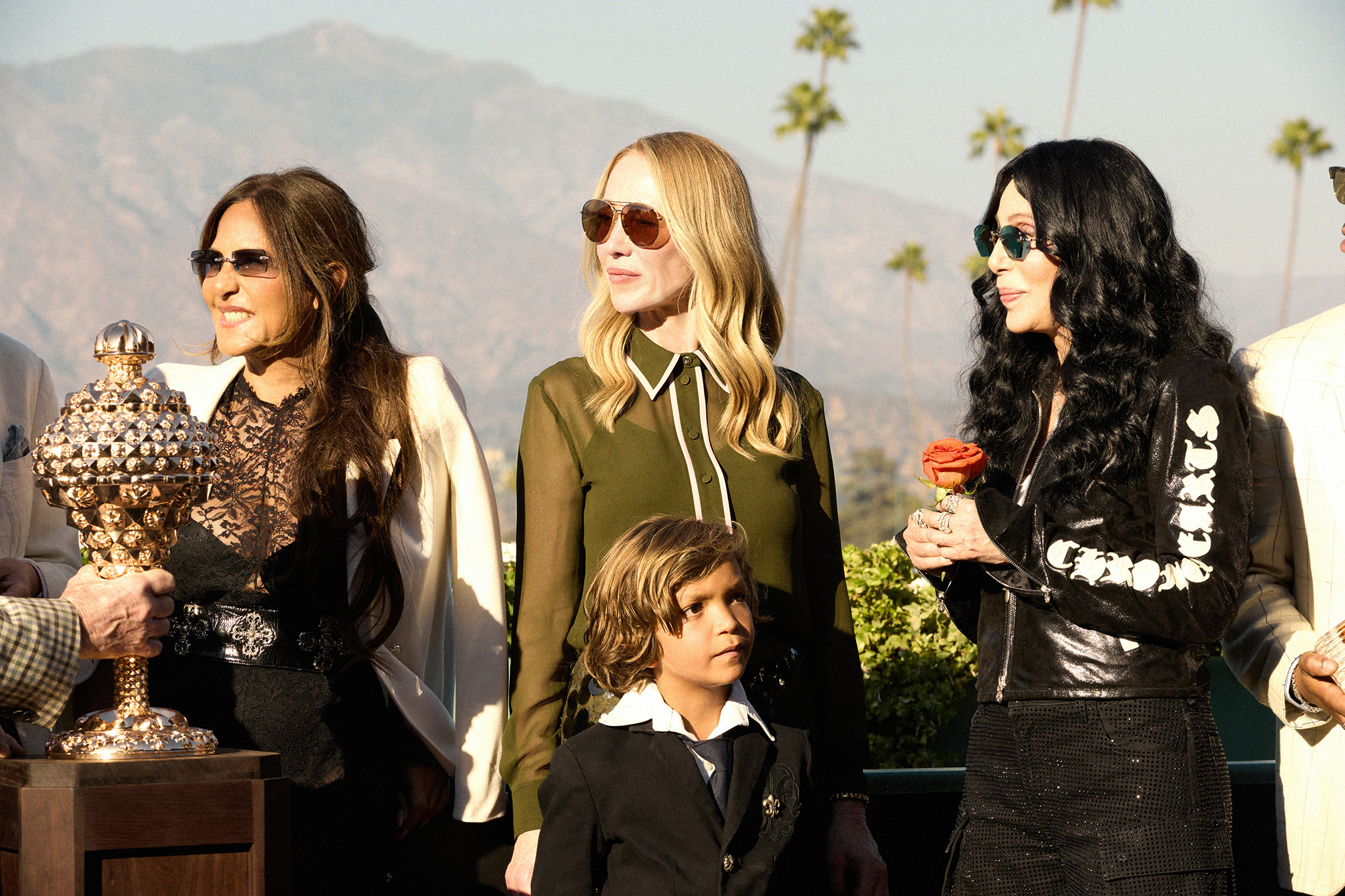 (L to R) Chrome Hearts Co-Founder Laurie Lynn Stark, Belinda Stronach, Chairman and CEO, 1ST and Cher Present Championship Trophy at The California Crown, Santa Anita Park