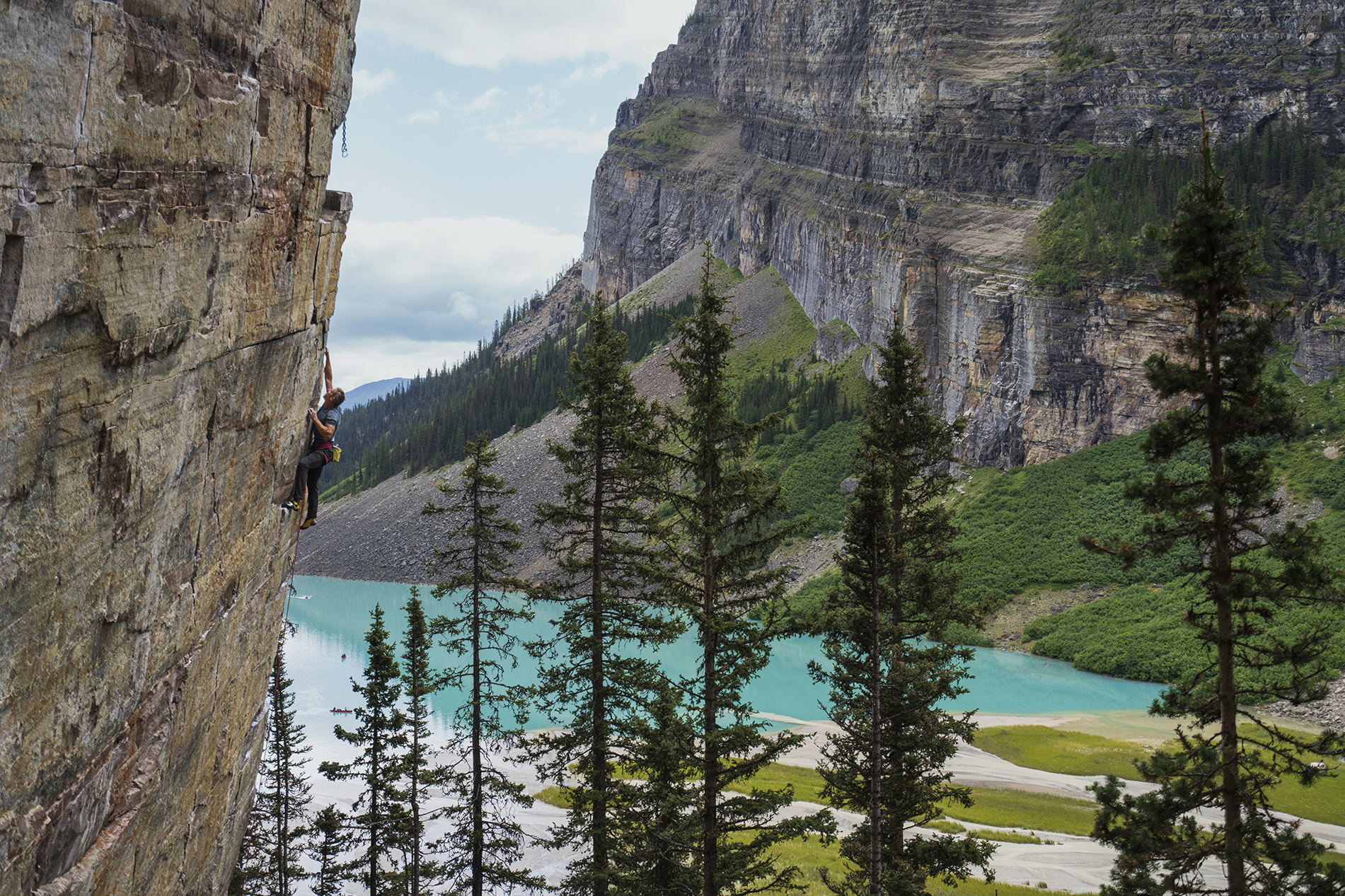 Tommy Caldwell climbing above Lake Louise.