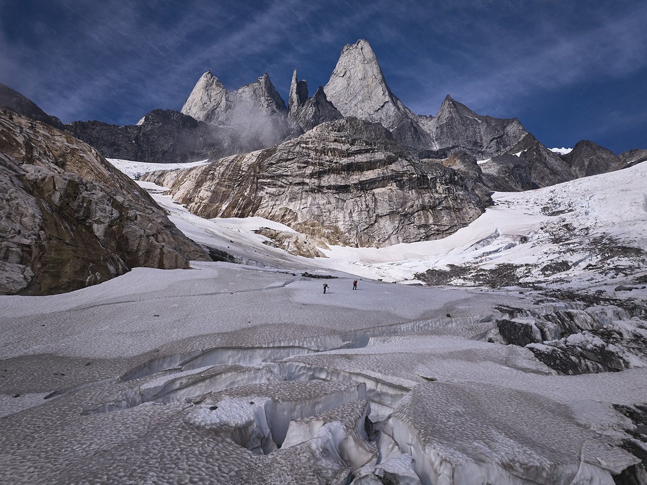 Tommy Caldwell and Alex Honnold hiking up the icefall below the Devil’s Thumb. 