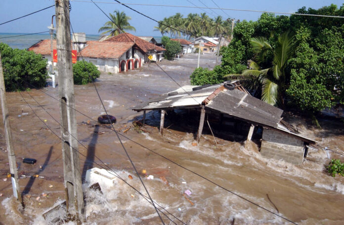 The tsunami flooded sea-front houses destroying everything in its path in Maddampegama, Sri Lanka.