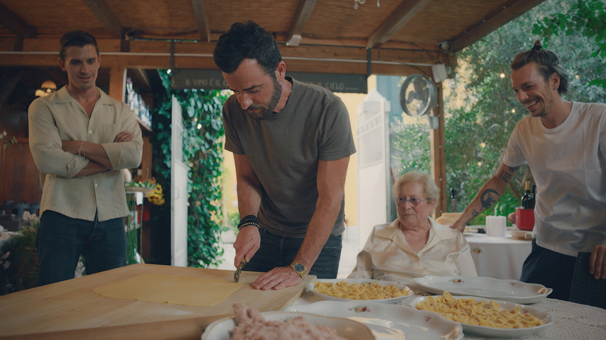 Antoni Porowski, Justin Theroux, Marissa Cotti and Riccardo Cotti make Tortellini in Brodo at Antica Osteria del Mirasole.