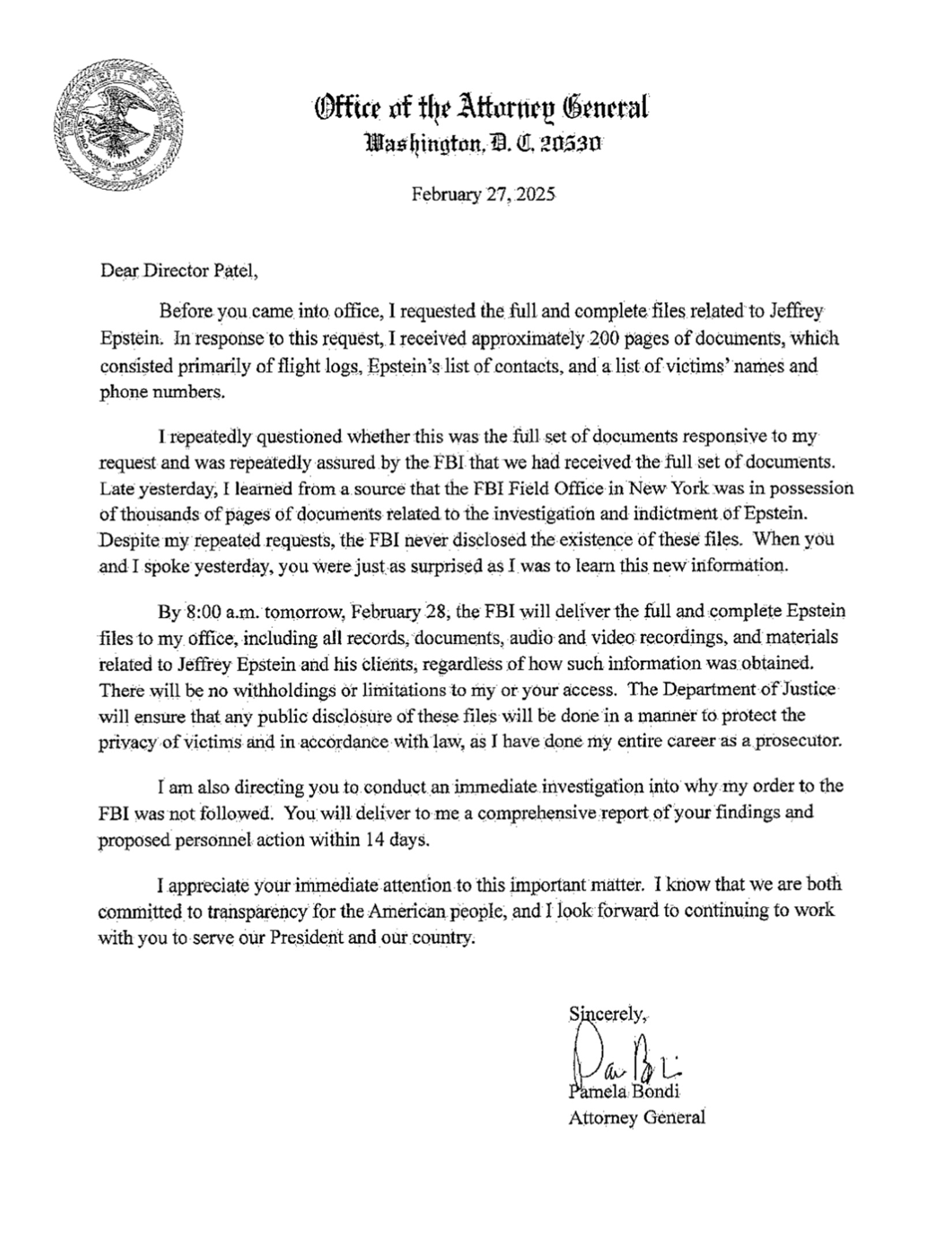 Attorney General Pam Bondi Letter to FBI