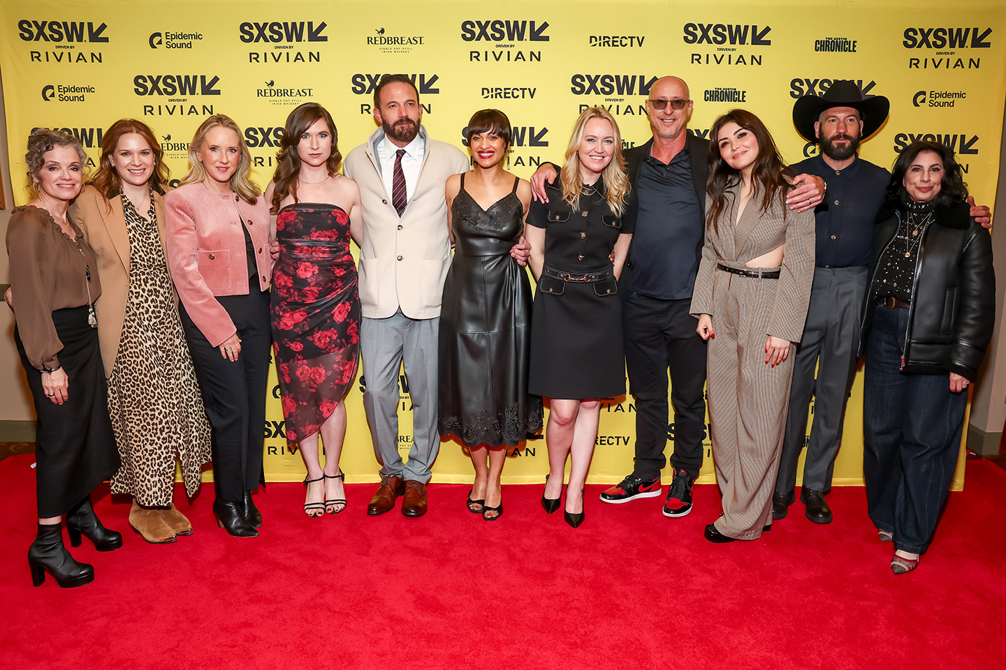 Courtenay Valenti, Julie Rapaport, Jen Salke, Allison Robertson, Ben Affleck, Cynthia Addai-Robinson, Lynette Howell Taylor, Gavin O’Connor, Daniella Pineda, Jon Berthal and Sue Kroll attend the Amazon MGM Studios Accountant 2 World Premiere at SXSW on Saturday March 8, 2025 in Austin, Texas